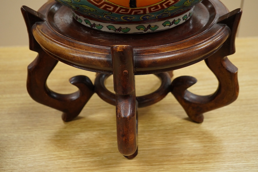 A Chinese double-gourd vase and cover, on associated hardwood stand, total height 65cm. Condition - fair to good